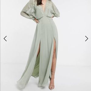 ASOS Design embroidered yoke crinkle chiffon maxi dress - Size 10